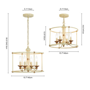 French Country Distressed Beige Metal Drum Candle Cage Pendant
