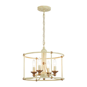French Country Distressed Beige Metal Drum Candle Cage Pendant