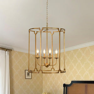 French Country Distressed Gold Candle Style Cylinder Lantern Chandelier