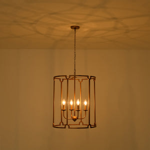 French Country Distressed Gold Candle Style Cylinder Lantern Chandelier