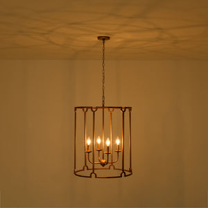 French Country Distressed Gold Candle Style Cylinder Lantern Chandelier
