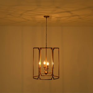 French Country Distressed Gold Candle Style Cylinder Lantern Chandelier