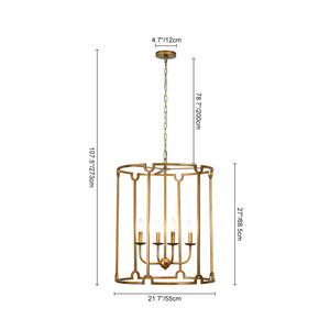 French Country Distressed Gold Candle Style Cylinder Lantern Chandelier