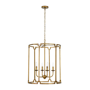 French Country Distressed Gold Candle Style Cylinder Lantern Chandelier