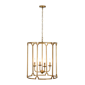 French Country Distressed Gold Candle Style Cylinder Lantern Chandelier