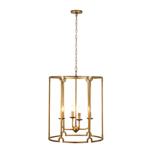 French Country Distressed Gold Candle Style Cylinder Lantern Chandelier
