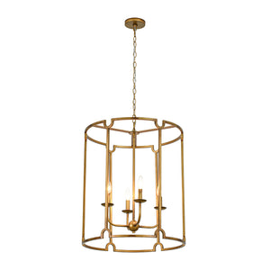 French Country Distressed Gold Candle Style Cylinder Lantern Chandelier