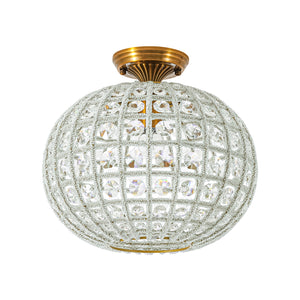 French Antique Brass Crystal Globe Cage Semi Flush Mount