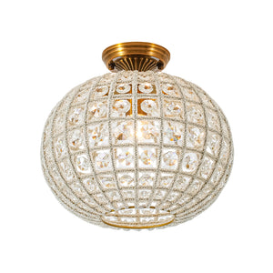 French Antique Brass Crystal Globe Cage Semi Flush Mount