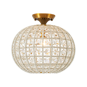 French Antique Brass Crystal Globe Cage Semi Flush Mount