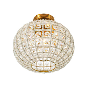 French Antique Brass Crystal Globe Cage Semi Flush Mount
