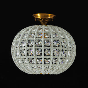 French Antique Brass Crystal Globe Cage Semi Flush Mount