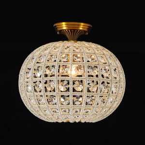 French Antique Brass Crystal Globe Cage Semi Flush Mount