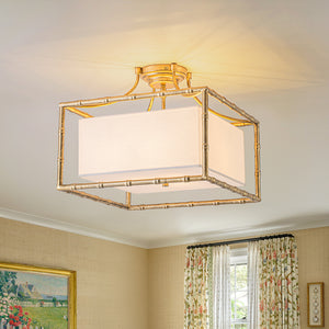 Layered Bamboo Square Cage Fabric Semi Flush Mount