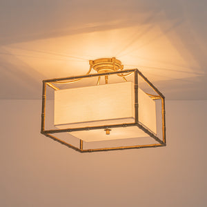 Layered Bamboo Square Cage Fabric Semi Flush Mount