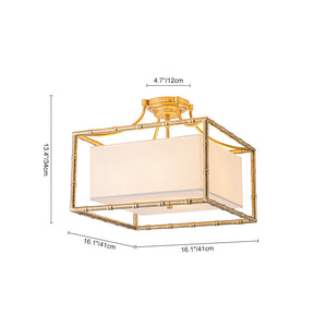 Layered Bamboo Square Cage Fabric Semi Flush Mount