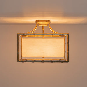 Layered Bamboo Square Cage Fabric Semi Flush Mount