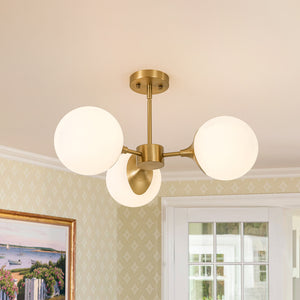 Mid-Century Brass 3-Light Opal Glass Globe Semi Flush Mount