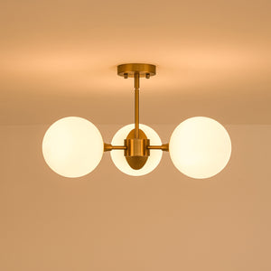 Mid-Century Brass 3-Light Opal Glass Globe Semi Flush Mount