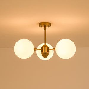 Mid-Century Brass 3-Light Opal Glass Globe Semi Flush Mount