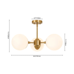 Mid-Century Brass 3-Light Opal Glass Globe Semi Flush Mount