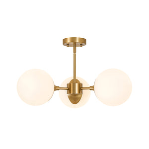 Mid-Century Brass 3-Light Opal Glass Globe Semi Flush Mount