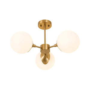 Mid-Century Brass 3-Light Opal Glass Globe Semi Flush Mount