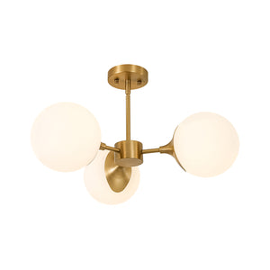 Mid-Century Brass 3-Light Opal Glass Globe Semi Flush Mount