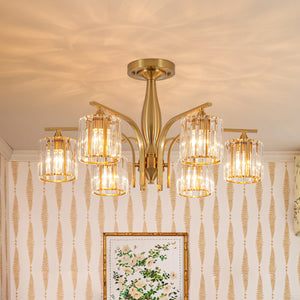 Glam Brass Faceted Crystal 6-Light Semi Flush Chandelier