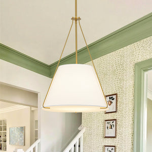 Mid-Century Brass White Fabric Conical Lantern Chandelier