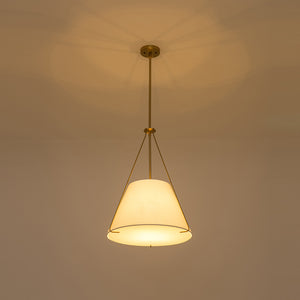 Mid-Century Brass White Fabric Conical Lantern Chandelier
