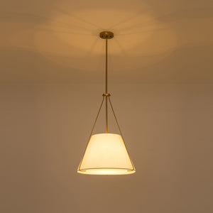 Mid-Century Brass White Fabric Conical Lantern Chandelier