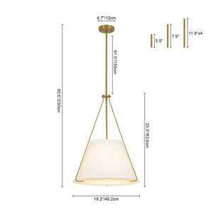 Mid-Century Brass White Fabric Conical Lantern Chandelier