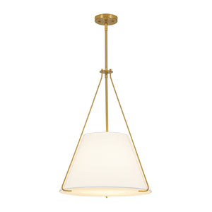 Mid-Century Brass White Fabric Conical Lantern Chandelier