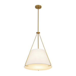 Mid-Century Brass White Fabric Conical Lantern Chandelier