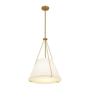 Mid-Century Brass White Fabric Conical Lantern Chandelier