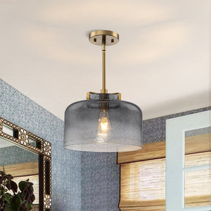 Modern 1-Light Gradient Grey Hammered Glass Round Drum Pendant