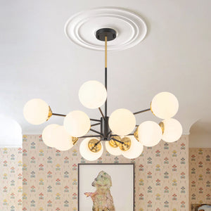 Modern Black Brass Opal Glass Globe Tiered Sputnik Chandelier