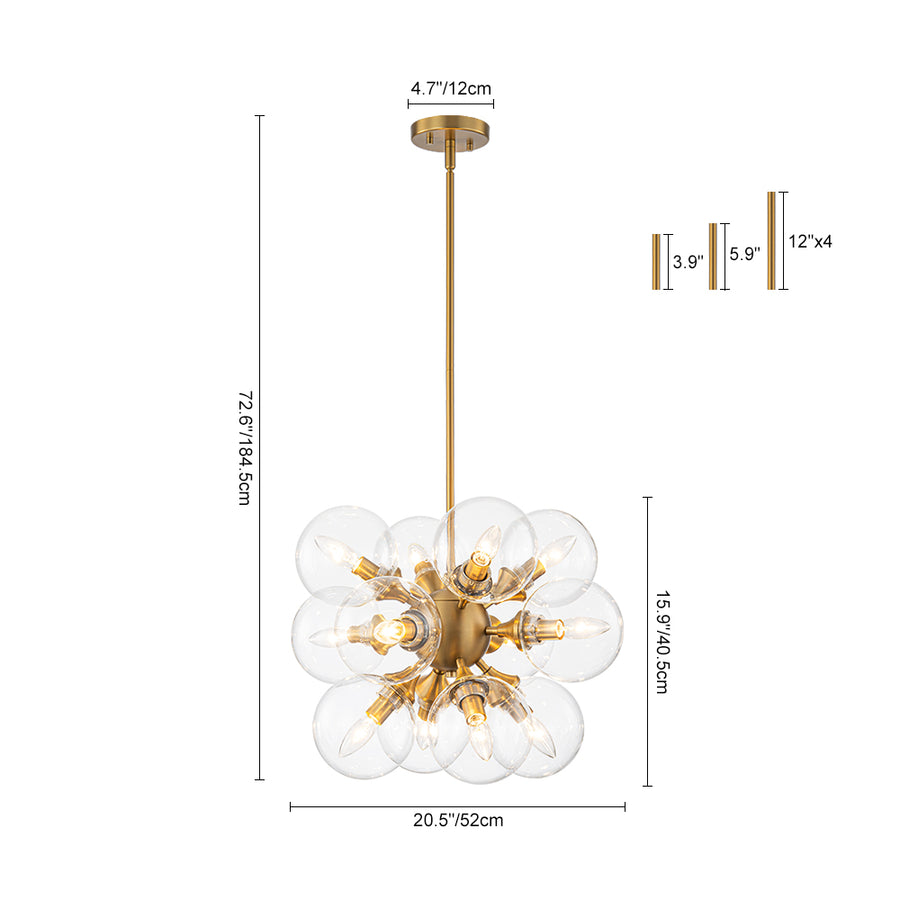 Modern Brass 12-Light Cluster Glass Globe Bubble Chandelier