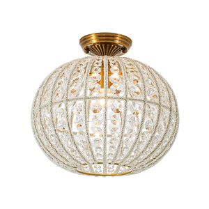 French Antique Brass Crystal Globe Cage Semi Flush Mount