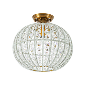 French Antique Brass Crystal Globe Cage Semi Flush Mount