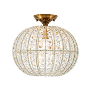 French Antique Brass Crystal Globe Cage Semi Flush Mount