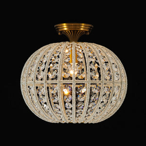 French Antique Brass Crystal Globe Cage Semi Flush Mount