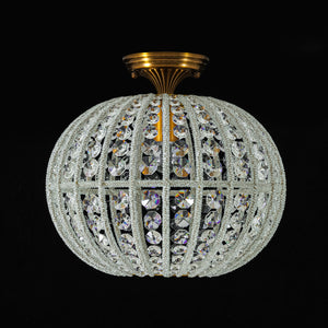 French Antique Brass Crystal Globe Cage Semi Flush Mount