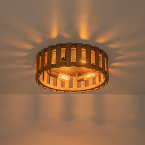 Rustic Aged Oak Wood Fence Drum Cage Semi Flush Mount