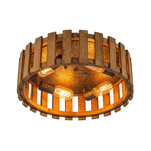 Rustic Aged Oak Wood Fence Drum Cage Semi Flush Mount