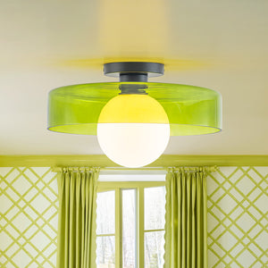 Scandinavian Lime Green Glass Round Drum Semi Flush Mount