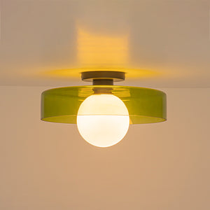 Scandinavian Lime Green Glass Round Drum Semi Flush Mount