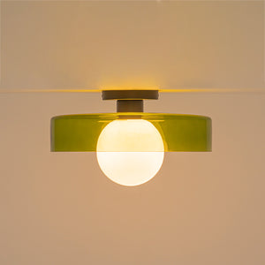 Scandinavian Lime Green Glass Round Drum Semi Flush Mount