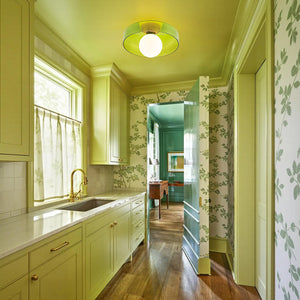 Scandinavian Lime Green Glass Round Drum Semi Flush Mount